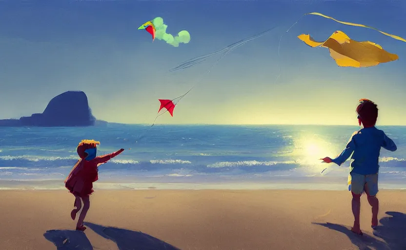 Image similar to child flying a kite at the beach by atey ghailan and garmash, michael, cinematic, volumetric lighting