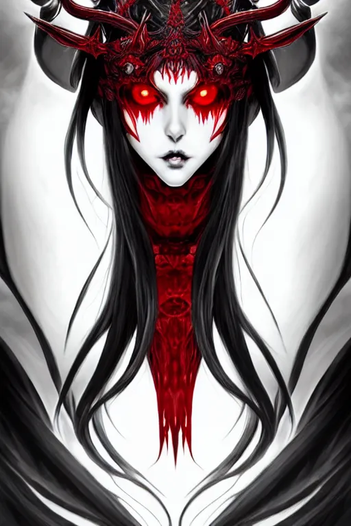 Prompt: single beautiful demon queen woman only, manga style only, black white and red colors only, symmetrical face, symmetrical full body, demonic, dramatic, powerful, super detailed and intricate, hyper realistic, 4 k render, by artgerm, by kyoung hwan kim, by ralph mcquarrie, by yoshiyuki tomino