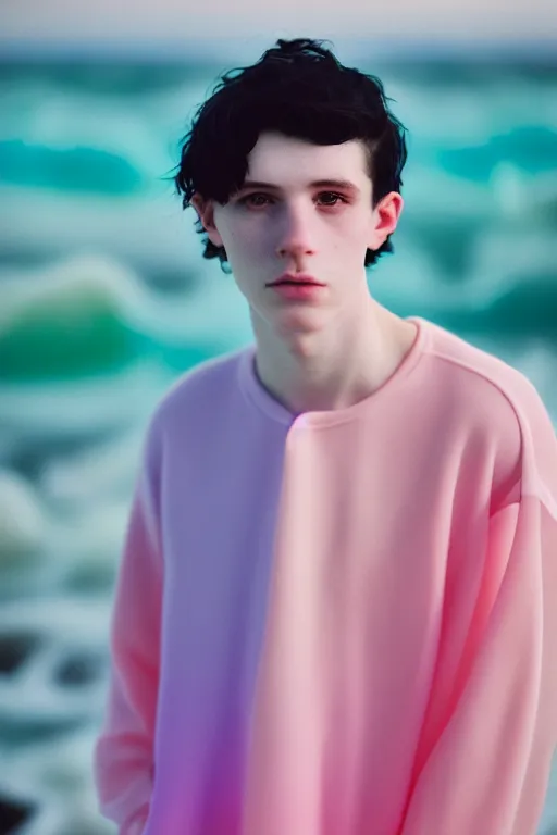 Image similar to high quality pastel coloured film mid angle docu photograph of a beautiful young 2 0 year old male, soft features, short black hair, oversized clothing, next to icelandic black rock pool environment. atmospheric. three point light. photographic. art directed. ( pastel colours ). volumetric light. clearcoat. waves glitch. 8 k. filmic.