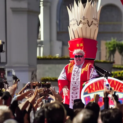 Image similar to guy fieri dressed as the pope, giving a speech in front of millions