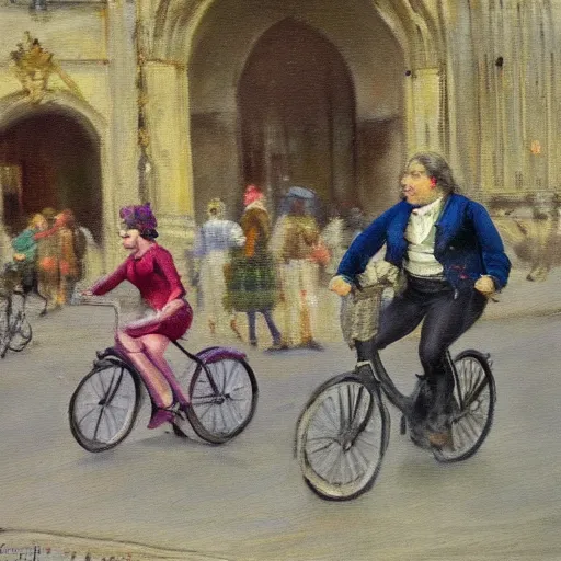 Prompt: Fiona and shrek ride bikes in Paris, impressionist, painting, 18th century, soft