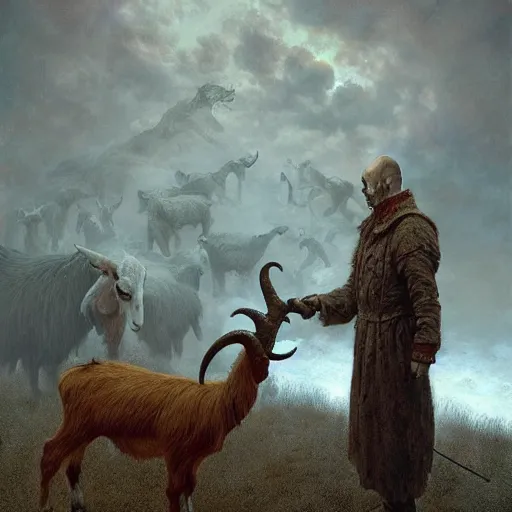 Image similar to vladimir putin is anthropomorphic goat hybrid, macabre, horror, by donato giancola and greg rutkowski and wayne barlow and zdzisław beksinski, digital art