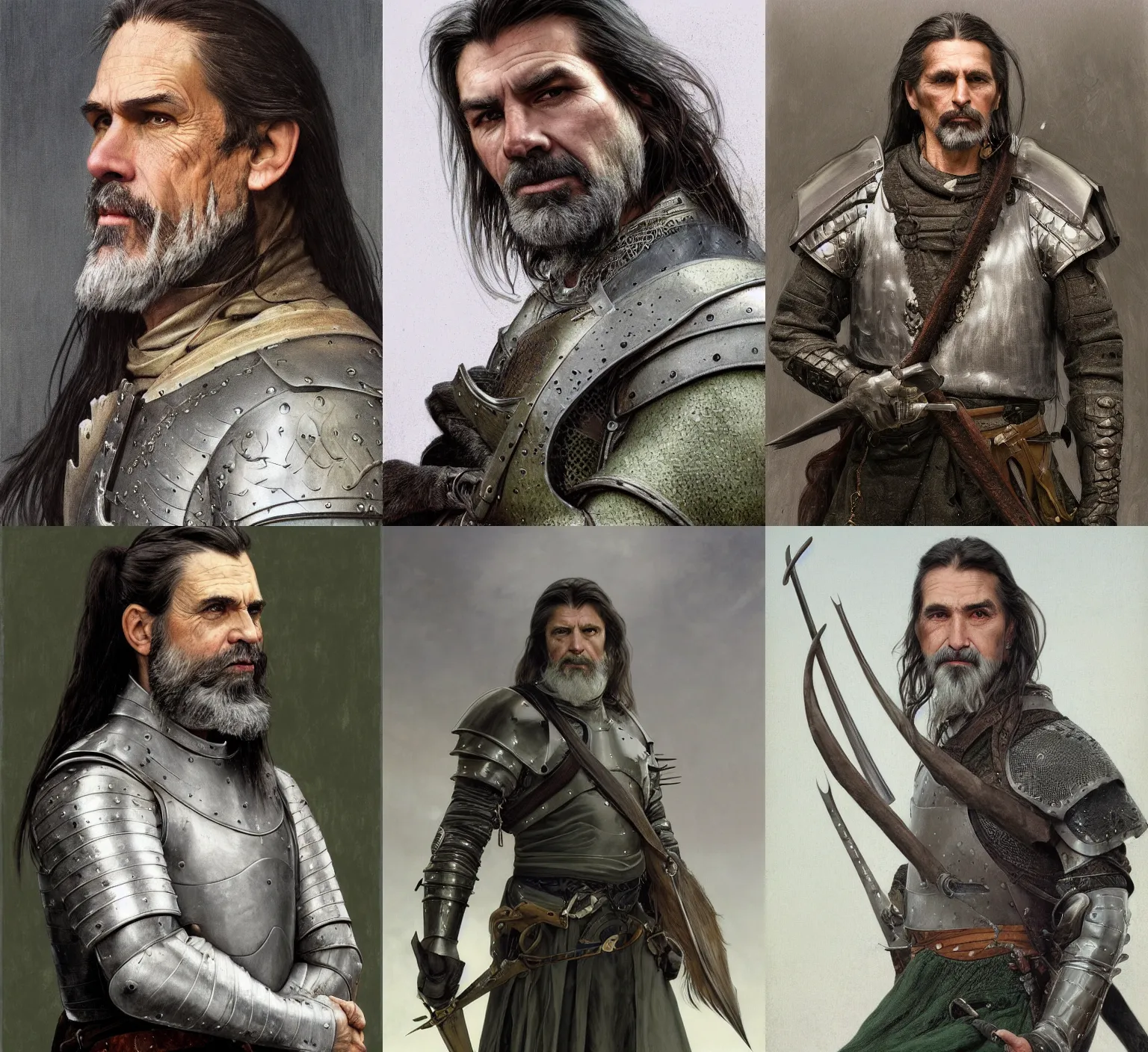 Prompt: medium-length portrait of a male hunter with long dark gray hair in a ponytail, a scraggly goatee, white skin, gray eyes, warm expression, intricate gray-green leather armor, medieval setting, highly detailed, digital painting, artstation, concept art, sharp focus, illustration, art by greg rutkowski + alphonse mucha + greg hildebrandt