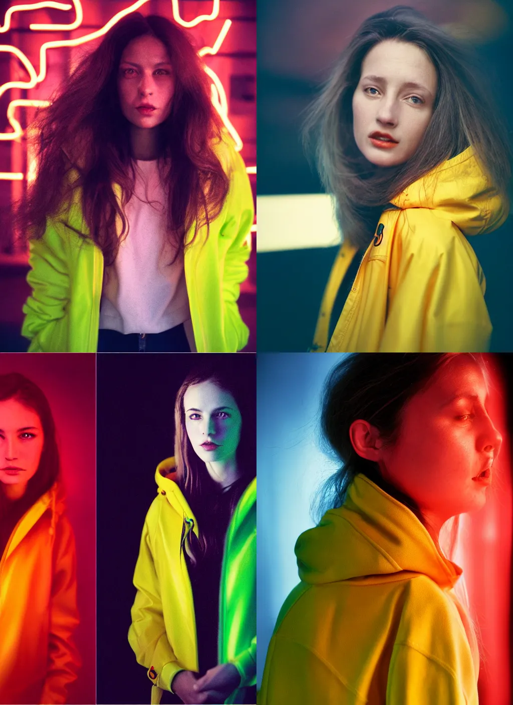 Prompt: A hyper realistic and detailed head portrait photography of a woman wearing a futuristic yellow raincoat with hoodie by annie leibovitz. Neo noir style. Cinematic. Swirly bokeh. Red neon lights and glow in the background. Cinestill 800T film. Lens flare.