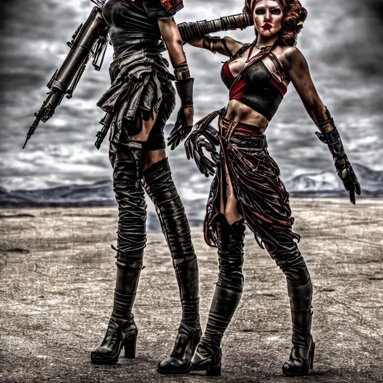 Image similar to full length photo of a very beautiful female atompunk warrior, 8 k, hdr, smooth, sharp focus, high resolution, award - winning photo