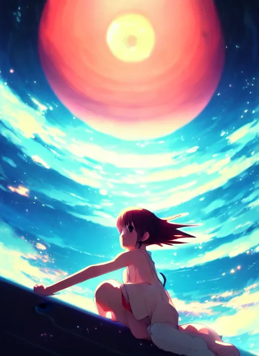 Image similar to anime girl floating against the backdrop of dawn, saturn in the background, illustration, concept art, anime, key visual, trending pixiv fanbox by wlop and greg rutkowski and makoto shinkai and studio ghibli