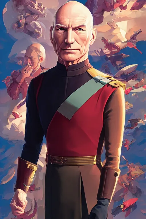 Image similar to portrait of fascist tyrant captain picard by artgerm, tooth wu, dan mumford, beeple, wlop, rossdraws, james jean, marc simonetti, artstation giuseppe dangelico pino and michael garmash and rob rey and greg manchess and huang guangjian and makoto shinkai