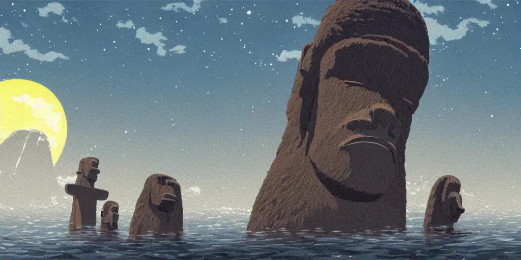 Prompt: a realistic cell - shaded studio ghibli concept art from paprika ( 2 0 0 6 ) of a giant wooly mammoth in a flooded easter island on a misty starry night. very dull colors, wide shot, hd, 4 k, hq