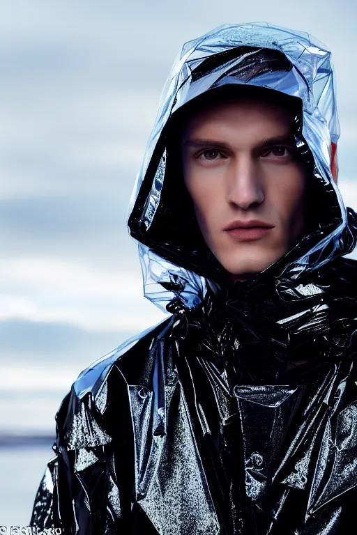 Image similar to an ultra high definition professional high fashion portrait studio full length photograph of a male model wearing a transparent pearlescent raincoat and neon visor in an icelandic black rock environment at dawn. no artefacts. extremely detailed. stark. refraction. shallow depth of field. volumetric light and shadow. ray tracing. light rays.