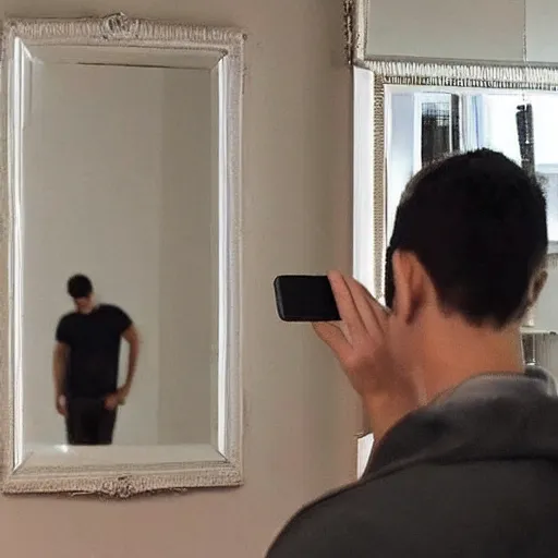 Prompt: a man taking a selfie in the mirror, only to see a strange surreal reality in the reflection