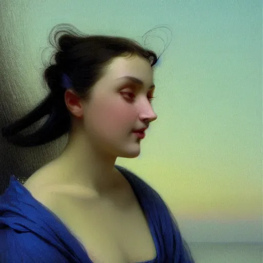 Prompt: a young woman's face, her hair is silver grey and she wears an indigo blue satin cloak, by ivan aivazovsky and syd mead and moebius and gaston bussiere and roger dean and pieter claesz and paul delaroche and alma tadema and aelbert cuyp and donato giancola, hyperrealistic, volumetric light, octane render