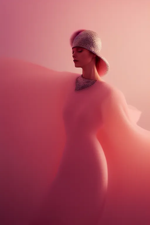 Image similar to a model wearing haute couture from christian dior, macro photography, long exposure photograph, surrealism, anamorphic bokeh, cozy, soft light, pink orange and silver, caustic, atmospheric fog, octane render, cinematic