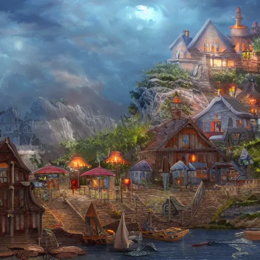 Image similar to a seaside village, detailed, fantasy style, trending on artstation