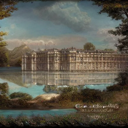 Prompt: concept art of a large victorian palace on the edge of a lake. Digital art. Realistic. Highly detailed.