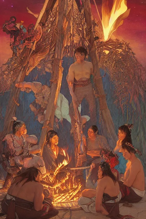 Image similar to serene scene of native americans around a fire in front of a tipi, by artgerm and yoshitaka amano and moebius and alphonse mucha, hyperdetailed, dc comics, ornate, nebula, explosions in the sky, trending on artstation