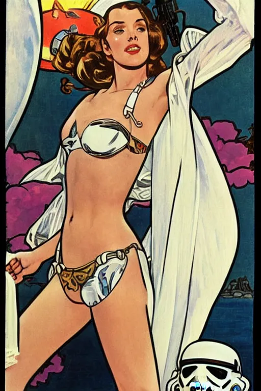Image similar to female in white bikini with tattoos and stormtrooper helmet, well composed, clean elegant painting, beautiful detailed face. comic book art by steve ditko and jack kirby and ( alphonse mucha )