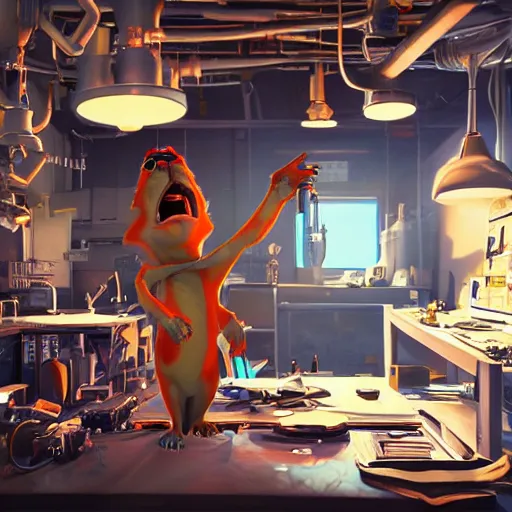 Prompt: A mad scientist cartoon cat in his lab. Unreal Engine 5. DAZ. Octane render. Symmetrical. Attention to detail. Vibrant bright colours. High saturation. Extremely moody lighting. Atmospheric. Cinematic. Intricate. 8K. Stunning. Breathtaking. Awe-inspiring. Award-winning. Concept art. Trending. ArtStation