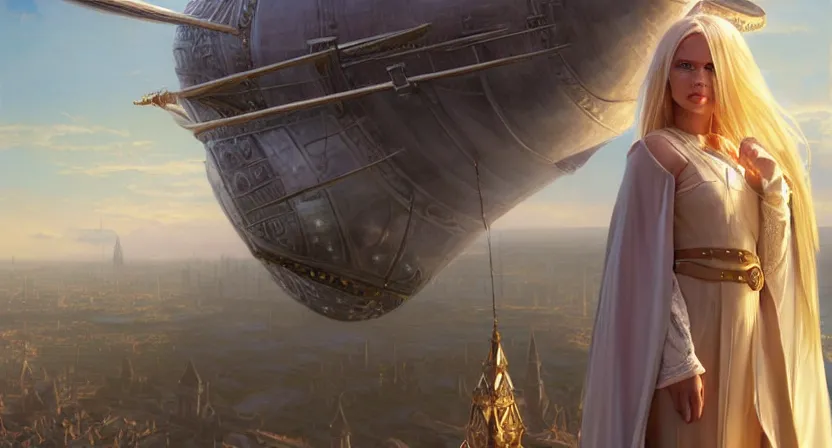 Prompt: tiny mage looking at a giant airship, blonde hair braided wearing ivory gothic robe, sky town, movie action still frame, ultra wide horizon, intricate, elegant, highly detailed, hyperrealism, digital painting, concept art, smooth, sharp, focus, illustration, art by artgerm, greg rutkowski, ilya kuvshinov, alphonse mucha