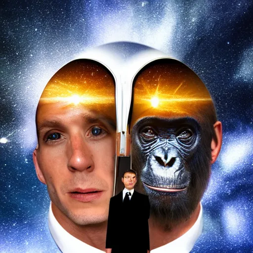 Image similar to double exposure portrait split in the middle, showcasing one astronaut and one chimpanzee in a suit posing with space in the background, pencil art, high definition, dynamic lighting stars, sharpness, golden ratio