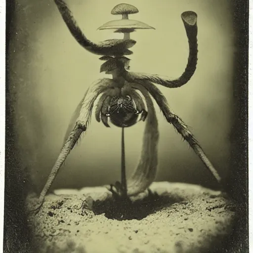 Image similar to Mushroom Temple Wizard with large magical spider legs by Ansel Adams Tintype 1800s