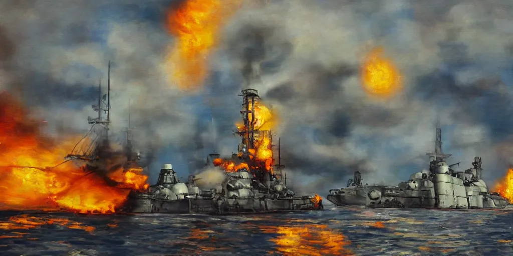 Prompt: dieselpunk battleship on fire, full shot, side view, impressionist painting