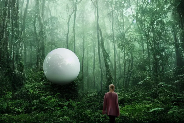 Image similar to a tourist visiting a complex organic fractal 3 d ceramic sphere floating in a lush forest, foggy, cinematic shot, photo still from movie by denis villeneuve