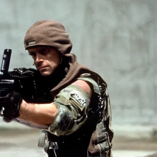 Image similar to movie still of michael biehn as a young solid snake, 3 5 mm