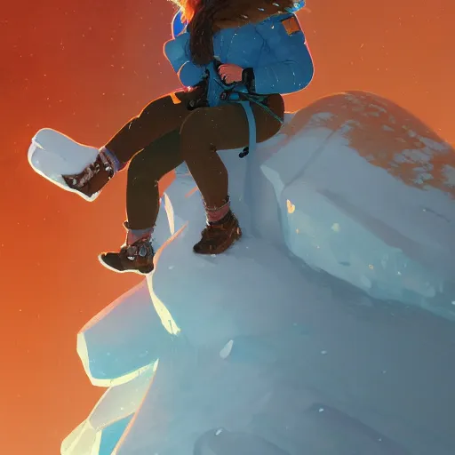 Prompt: portrait of madeline from celeste climbing a snowy mountain, light blue bubble jacket, orange long hair, highly detailed, digital painting, artstation, concept art, sharp focus, illustration, art by greg rutkowski and alphonse mucha