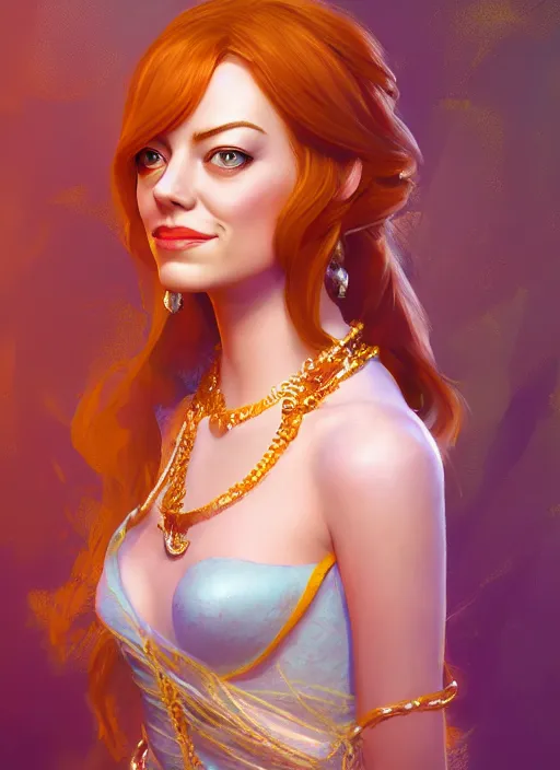 Image similar to portrait of emma stone as princess jasmine, hyper detailed, digital art, trending in artstation, cinematic lighting, studio quality, smooth render, unreal engine 5 rendered, octane rendered, art style by klimt and nixeu and ian sprigger and wlop and krenz cushart.