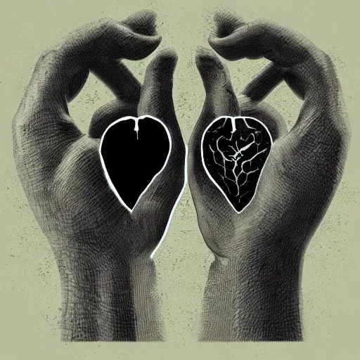 Image similar to a photoillustration of hands ripping a heart in two broken pieces, sadness, dark ambiance, an album cover by Godfrey Blow, featured on deviantart, lyco art, artwork, poster art