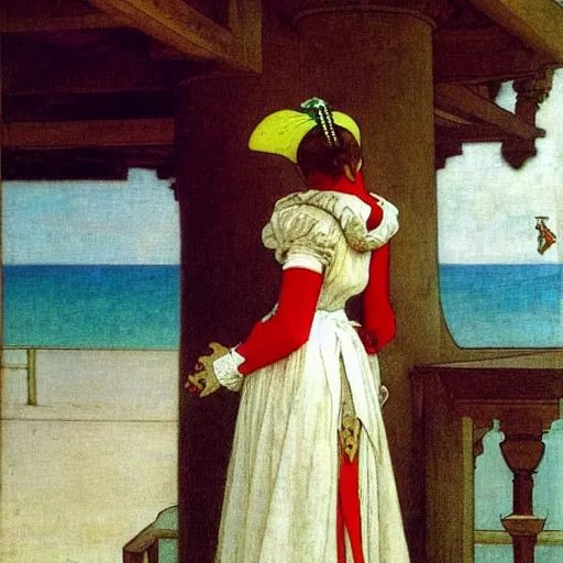 Image similar to A jester girl behind the beach castle balustrade, sail boat on the background, major arcana clothes, by paul delaroche, alphonse mucha and arnold böcklin arnold böcklin hyperrealistic 8k, very detailed