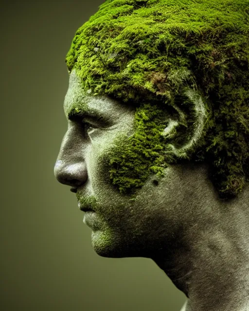 Image similar to a man's face in profile, made of moss, in the style of the dutch masters and gregory crewdson, dark and moody