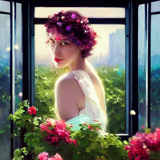 Prompt: aesthetic stunning portrait of a woman on a balcony full of flowers and vines watching the sunset. by Daniel F. Gerhartz and Liam Wong, nocturne, art deco 8k hq