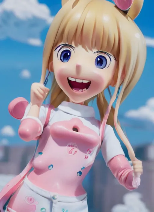 Image similar to a hyperrealistic oil panting of a looney kawaii vocaloid figurine caricature with a big dumb goofy grin, rosy cheeks with freckles, and pretty sparkling anime eyes featured on Wallace and Gromit by Makoto Shinkai