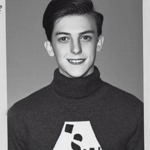 Prompt: a yearbook photo taken waist up of Jughead Jones in 1966, he is wearing a turtleneck sweater with a line in the shape of the letter S on it