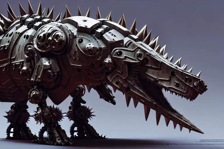 Image similar to spiky triceratops in a cyborg mech suit, by alexandre ferra, zezhou chen, peter gric, mohamed reda and hr giger, hyper detailed, screen print, character concept art, realistic, coherent, octane render, zbrush central, behance hd, hypermaximalist