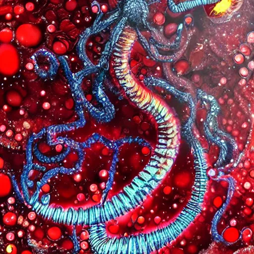 Image similar to red crystal worm with crystals jagging out of his body, fantasy, dnd, highly detailed