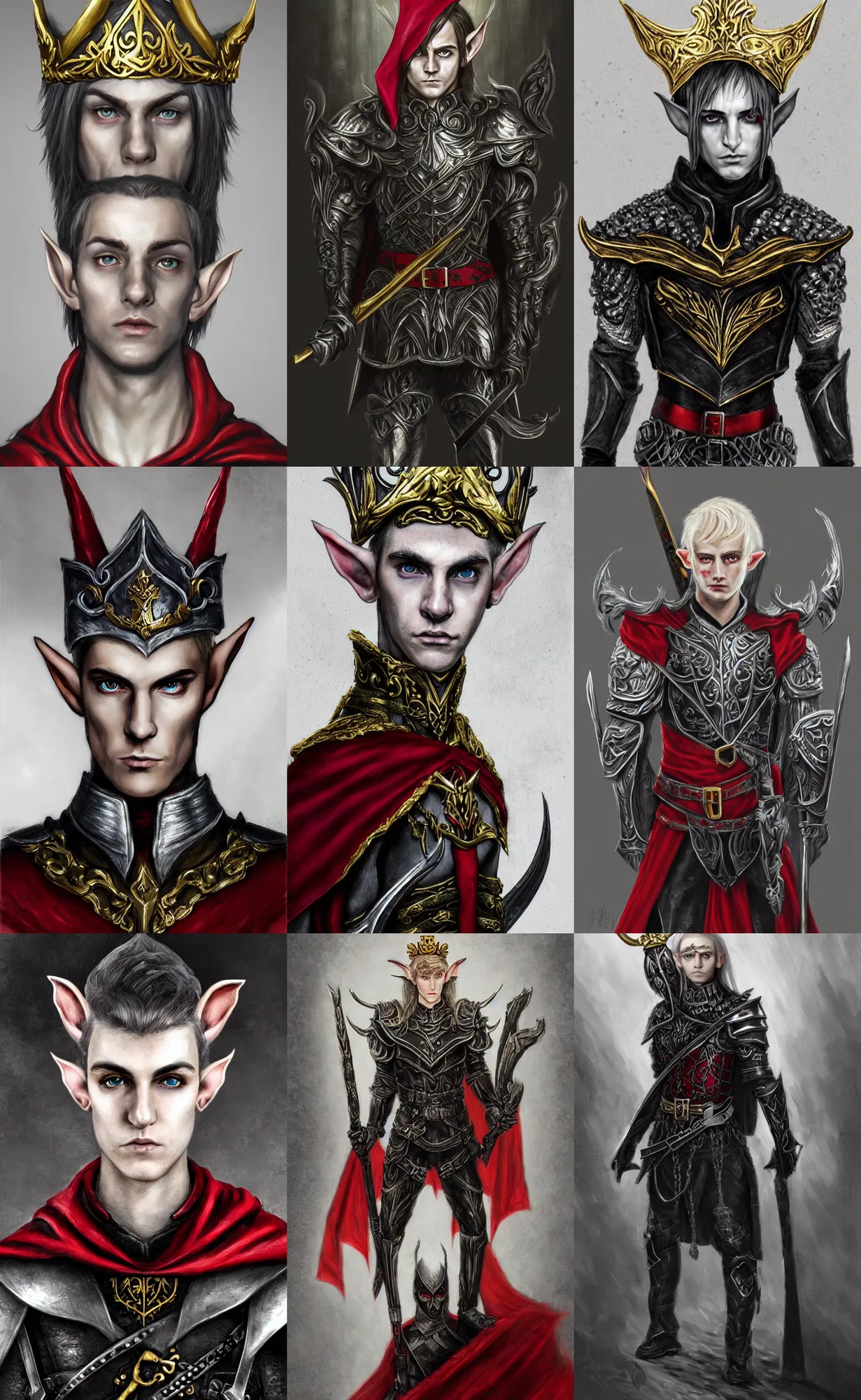 Prompt: A portrait of an elf, he is about 20 years old, short silver hair, red piercing eyes, lean and muscular, attractive, military composure, royalty, smug look | he is wearing a black metal tiara, black heavy armor with gold plating, and a red cape | highly detailed portrait, digital painting, concept art, illustration, smooth, sharp focus, ArtStation, ArtStation HQ