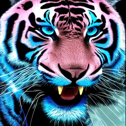 Image similar to blue tiger head growling looking to the right with hot pink lightning bolt shooting out of its eye to the left