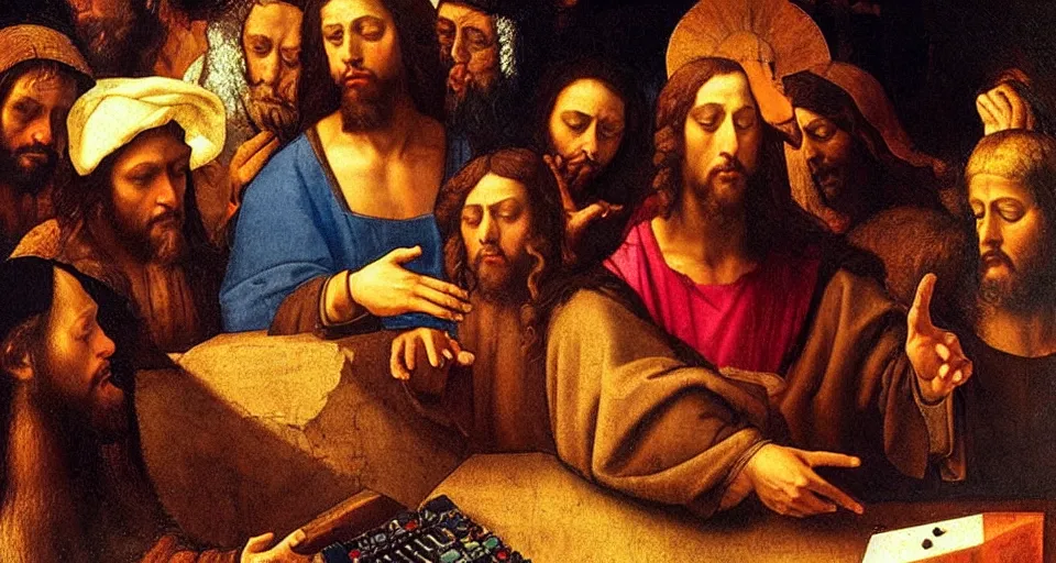 Prompt: The last club performance, Jesus as a DJ, painting by Leonardo da Vinci