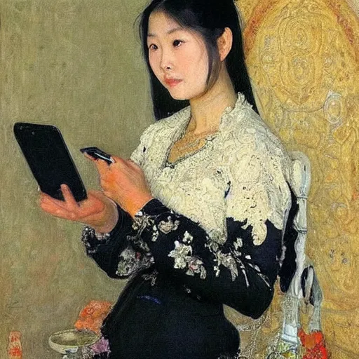 Prompt: portrait of asian beautiful woman with smartphone masterpiece painting by vasnetsov and surikov, JEAN-VICTOR BERTIN, by Terence Cuneo, detailed, t artfully traced