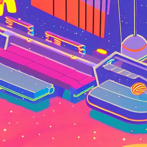 Image similar to Liminal space in outer space, Googie Kitsch aesthetic, colorful, isometric, at night with neon lights