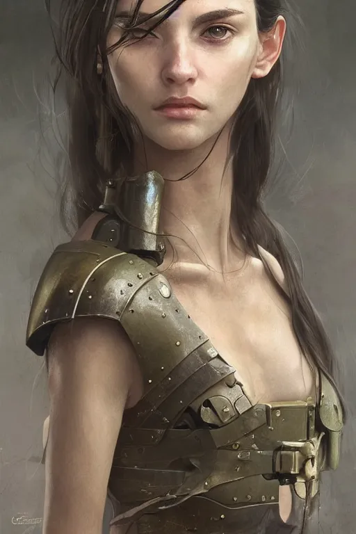 Image similar to a photorealistic painting of an attractive young girl, partially clothed in battle armor, olive skin, long dark hair, beautiful bone structure, symmetrical face, perfect eyes, intricate, elegant, digital painting, concept art, illustration, sharp focus, minimal artifacts, from Metal Gear, in the style of Ruan Jia and Mandy Jurgens, by Greg Rutkowski, trending on Artstation, award winning