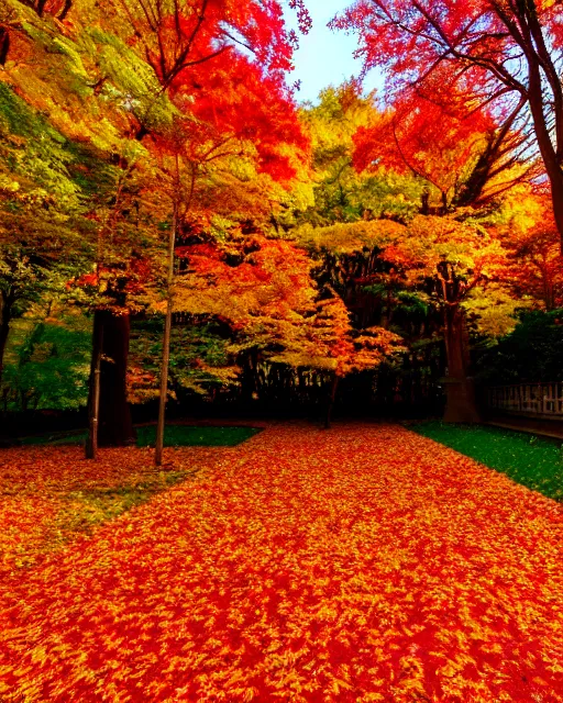 Image similar to Golden autumn, Spreads out Spreads out the leaves, Colorful leaves are lying on the ground, colorful autumn trees, red-yellow colors, autumn, vaporwave pastelwave