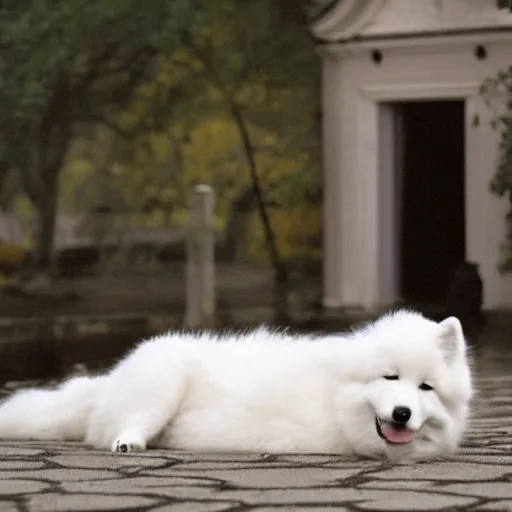 Image similar to A photo of a Samoyed dog with its tongue out hugging a white Siamese cat