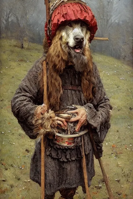 Image similar to slavic dog head man, woolen torso in medieval clothes, builds the roof, oil painting, painting by viktor vasnetsov, concept art, hyperrealism, beautiful, high resolution, trending on artstation,