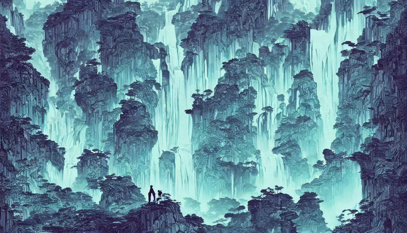 Image similar to huge waterfall, chinese ink brush, yukio - e, kilian eng, victo ngai, josan gonzalez