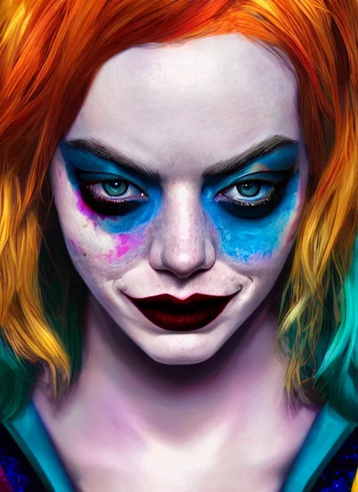 Prompt: cosmic portrait of emma stone as harley quinn, hyper detailed, digital art, trending in artstation, cinematic lighting, studio quality, smooth render, unreal engine 5 rendered, octane rendered, art style by klimt and nixeu and ian sprigger and wlop and krenz cushart.