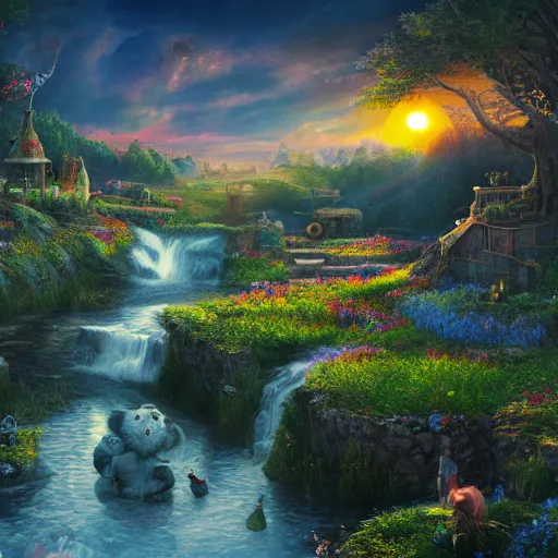 Image similar to realistic, fairytale land, sunset, detailed, trending on artstation