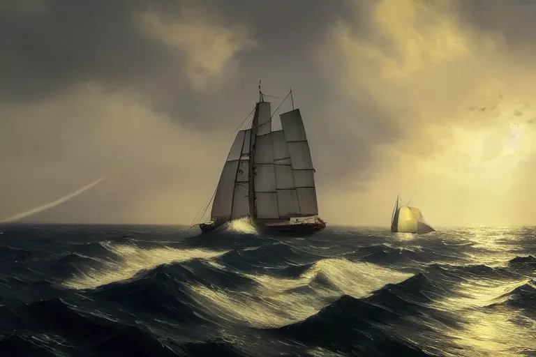 Image similar to a beautiful yacht with full sail’s, sunny day with puffy clouds and heavy waves, low camera angle, in style of Aivazovsky, epic lighting, ultra realistic, 4k, hyper details, cinematic, sharp edges,